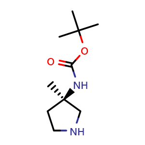 Chemical structure of tert-butyl (R)-(3-methylpyrrolidin-3-yl)carbamate , CAS 167888-15-5, AChemBlock Q61646