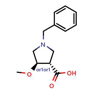 Chemical structure of trans-1-benzyl-4-methoxy-pyrrolidine-3-carboxylic acid , CAS 2166098-39-9, AChemBlock Q61650