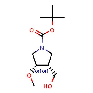 Chemical structure of tert-butyl cis-3-(hydroxymethyl)-4-methoxy-pyrrolidine-1-carboxylate , CAS 2165821-67-8, AChemBlock Q61651