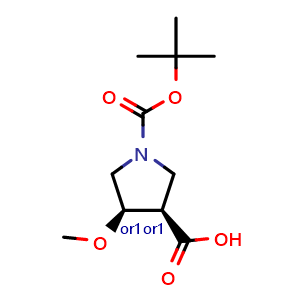 Chemical structure of cis-1-tert-butoxycarbonyl-4-methoxy-pyrrolidine-3-carboxylic acid , CAS 2165774-37-6, AChemBlock Q61652