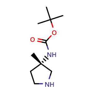 Chemical structure of tert-butyl (S)-(3-methylpyrrolidin-3-yl)carbamate , CAS 927652-04-8, AChemBlock Q61689