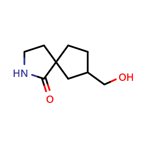 Chemical structure of 7-(hydroxymethyl)-2-azaspiro[4.4]nonan-1-one , CAS 1341037-54-4, AChemBlock Q61750