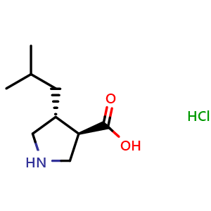 Chemical structure of (3R,4R)-4-isobutylpyrrolidine-3-carboxylic acid hydrochloride , CAS 641634-69-7, AChemBlock Q61809