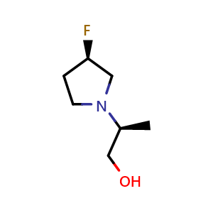 Chemical structure of (S)-2-((R)-3-fluoropyrrolidin-1-yl)propan-1-ol , CAS 1352306-38-7, AChemBlock Q61818