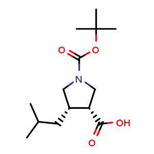 Chemical structure of (3R,4S)-1-(tert-butoxycarbonyl)-4-isobutylpyrrolidine-3-carboxylic acid , CAS 2227198-82-3, AChemBlock Q61839