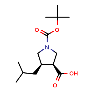 Chemical structure of (3S,4R)-1-(tert-butoxycarbonyl)-4-isobutylpyrrolidine-3-carboxylic acid , CAS 2227197-72-8, AChemBlock Q61840