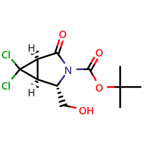 Chemical structure of tert-butyl (1S,2S,5R)-6,6-dichloro-2-(hydroxymethyl)-4-oxo-3-azabicyclo[3.1.0]hexane-3-carboxylate , CAS 1817633-01-4, AChemBlock Q61843