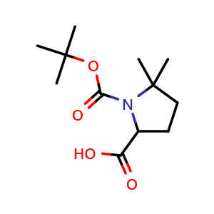 Chemical structure of 1-(tert-butoxycarbonyl)-5,5-dimethylpyrrolidine-2-carboxylic acid , CAS 900158-99-8, AChemBlock Q61844