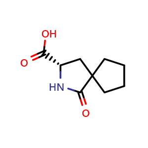 Chemical structure of (S)-1-oxo-2-azaspiro[4.4]nonane-3-carboxylic acid , CAS 2306250-11-1, AChemBlock Q61847