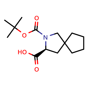 Chemical structure of (S)-2-(tert-butoxycarbonyl)-2-azaspiro[4.4]nonane-3-carboxylic acid , CAS 1608495-27-7, AChemBlock Q61848