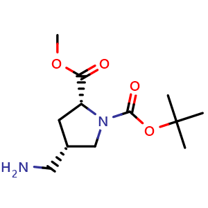 Chemical structure of 1-(tert-butyl) 2-methyl (2R,4S)-4-(aminomethyl)pyrrolidine-1,2-dicarboxylate , CAS 2306252-71-9, AChemBlock Q61852