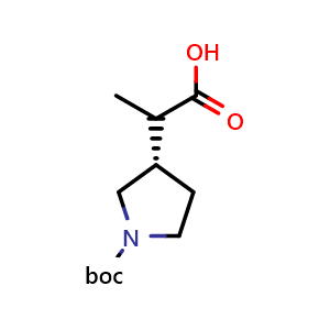 Chemical structure of 2-((S)-1-(tert-butoxycarbonyl)pyrrolidin-3-yl)propanoic acid , CAS 2306259-27-6, AChemBlock Q61869