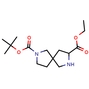 Chemical structure of 2-(tert-butyl) 8-ethyl 2,7-diazaspiro[4.4]nonane-2,8-dicarboxylate , CAS 2112190-69-7, AChemBlock Q61874