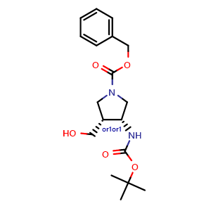 Chemical structure of benzyl cis-3-{[(tert-butoxy)carbonyl]amino}-4-(hydroxymethyl)pyrrolidine-1-carboxylate , CAS 246510-67-8, AChemBlock Q61928