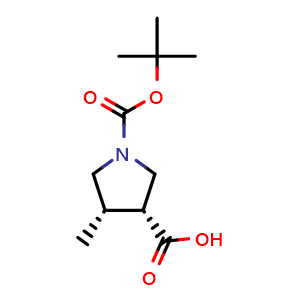 Chemical structure of (3R,4S)-1-(tert-butoxycarbonyl)-4-methylpyrrolidine-3-carboxylic acid , CAS 2306246-67-1, AChemBlock Q61931