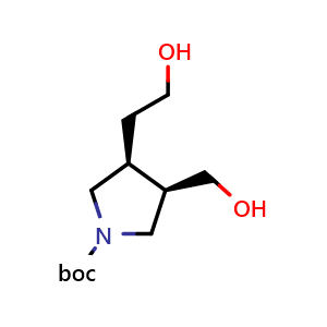 Chemical structure of tert-butyl (3S,4R)-3-(2-hydroxyethyl)-4-(hydroxymethyl)pyrrolidine-1-carboxylate , CAS 2306255-22-9, AChemBlock Q61954
