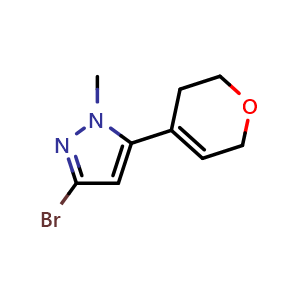 Chemical structure of 3-bromo-5-(3,6-dihydro-2H-pyran-4-yl)-1-methyl-1H-pyrazole , CAS 1629892-51-8, AChemBlock Q61964
