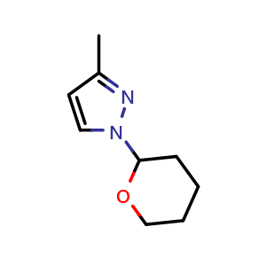 Chemical structure of 3-methyl-1-(tetrahydro-2H-pyran-2-yl)-1H-pyrazole , CAS 1346219-36-0, AChemBlock Q62000