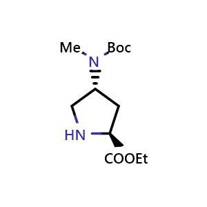 Chemical structure of ethyl (2S,4R)-4-((tert-butoxycarbonyl)(methyl)amino)pyrrolidine-2-carboxylate , CAS 2306248-91-7, AChemBlock Q62013