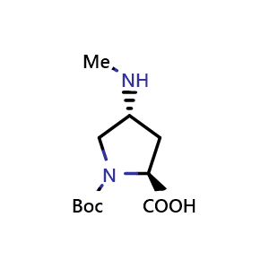 Chemical structure of (2S,4R)-1-(tert-butoxycarbonyl)-4-(methylamino)pyrrolidine-2-carboxylic acid , CAS 1932481-67-8, AChemBlock Q62016