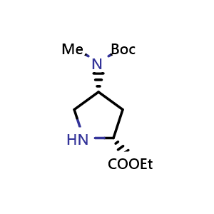 Chemical structure of ethyl (2R,4R)-4-((tert-butoxycarbonyl)(methyl)amino)pyrrolidine-2-carboxylate , CAS 2227198-83-4, AChemBlock Q62017