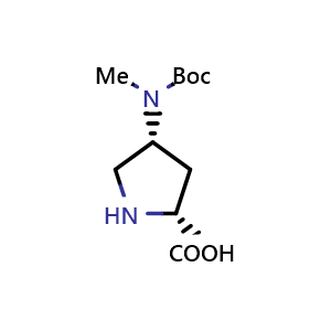 Chemical structure of (2R,4R)-4-((tert-butoxycarbonyl)(methyl)amino)pyrrolidine-2-carboxylic acid , CAS 2306245-88-3, AChemBlock Q62019