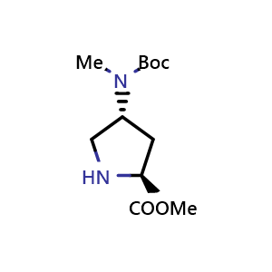 Chemical structure of methyl (2S,4R)-4-((tert-butoxycarbonyl)(methyl)amino)pyrrolidine-2-carboxylate , CAS 2306248-02-0, AChemBlock Q62020