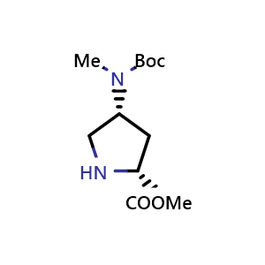 Chemical structure of methyl (2R,4R)-4-((tert-butoxycarbonyl)(methyl)amino)pyrrolidine-2-carboxylate , CAS 2306245-66-7, AChemBlock Q62022