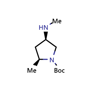 Chemical structure of tert-butyl (2S,4R)-2-methyl-4-(methylamino)pyrrolidine-1-carboxylate , CAS 2306246-62-6, AChemBlock Q62024