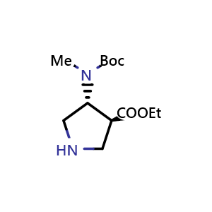 Chemical structure of ethyl (3S,4R)-4-((tert-butoxycarbonyl)(methyl)amino)pyrrolidine-3-carboxylate , CAS 2306246-56-8, AChemBlock Q62037