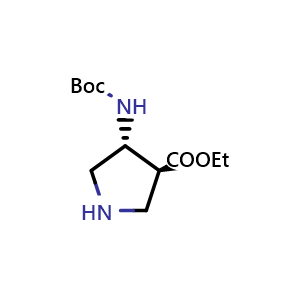Chemical structure of ethyl (3S,4R)-4-((tert-butoxycarbonyl)amino)pyrrolidine-3-carboxylate , CAS 2306247-46-9, AChemBlock Q62039