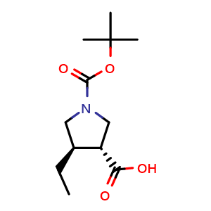 Chemical structure of rel-(3R,4R)-1-(tert-butoxycarbonyl)-4-ethylpyrrolidine-3-carboxylic acid , CAS 1268520-70-2, AChemBlock Q62048
