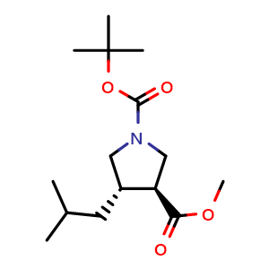 Chemical structure of 1-(tert-butyl) 3-methyl (3S,4S)-4-isobutylpyrrolidine-1,3-dicarboxylate , CAS 641634-61-9, AChemBlock Q62050