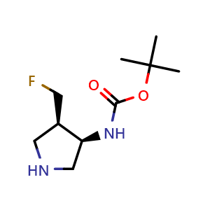 Chemical structure of tert-butyl ((3R,4R)-4-(fluoromethyl)pyrrolidin-3-yl)carbamate , CAS 218281-42-6, AChemBlock Q62077