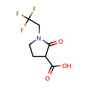Chemical structure of 2-oxo-1-(2,2,2-trifluoroethyl)pyrrolidine-3-carboxylic acid , CAS 2306271-30-5, AChemBlock Q62101