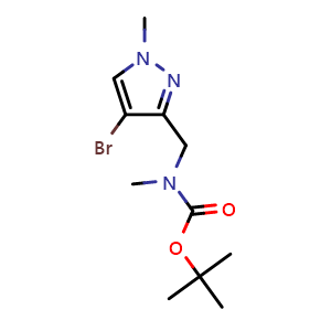 Chemical structure of tert-butyl ((4-bromo-1-methyl-1H-pyrazol-3-yl)methyl)(methyl)carbamate , CAS 1619987-14-2, AChemBlock Q62123