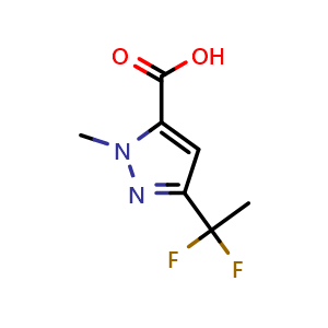 Chemical structure of 3-(1,1-difluoroethyl)-1-methyl-1H-pyrazole-5-carboxylic acid , CAS 1024599-54-9, AChemBlock Q62160
