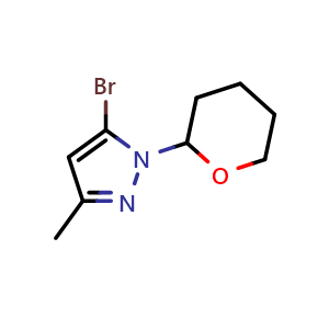 Chemical structure of 5-bromo-3-methyl-1-(tetrahydro-2H-pyran-2-yl)-1H-pyrazole , CAS 2306262-32-6, AChemBlock Q62161