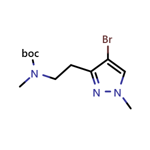 Chemical structure of tert-butyl (2-(4-bromo-1-methyl-1H-pyrazol-3-yl)ethyl)(methyl)carbamate , CAS 2306264-16-2, AChemBlock Q62180