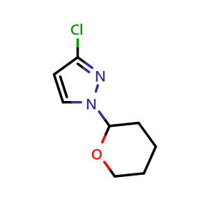 Chemical structure of 3-chloro-1-(tetrahydro-2H-pyran-2-yl)-1H-pyrazole , CAS 2306261-33-4, AChemBlock Q62181