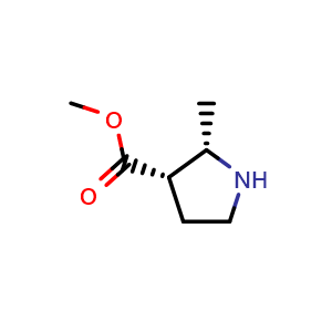 Chemical structure of methyl (2S,3S)-2-methylpyrrolidine-3-carboxylate , CAS 143878-87-9, AChemBlock Q62185