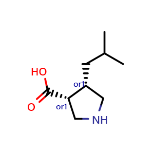 Chemical structure of cis-4-(2-methylpropyl)pyrrolidine-3-carboxylic acid , CAS 261896-25-7, AChemBlock Q62194