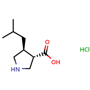 Chemical structure of (3S,4S)-4-isobutylpyrrolidine-3-carboxylic acid hydrochloride , CAS 641634-62-0, AChemBlock Q62197