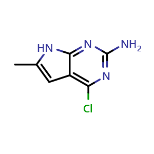 Chemical structure of 4-chloro-6-methyl-7H-pyrrolo[2,3-d]pyrimidin-2-amine , CAS 204929-06-6, AChemBlock Q62221