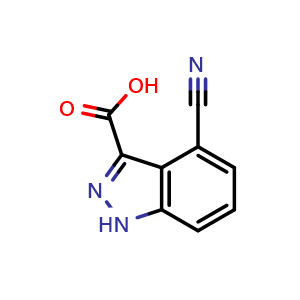 Chemical structure of 4-cyano-1H-indazole-3-carboxylic acid , CAS 1000341-33-2, AChemBlock Q62241