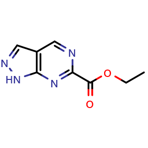 Chemical structure of ethyl 1H-pyrazolo[3,4-d]pyrimidine-6-carboxylate , CAS 2106690-78-0, AChemBlock Q62287