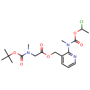 Chemical structure of (2-(((1-chloroethoxy)carbonyl)(methyl)amino)pyridin-3-yl)methyl N-(tert-butoxycarbonyl)-N-methylglycinate , CAS 338990-31-1, AChemBlock Q62317