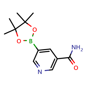 Chemical structure of 5-(4,4,5,5-tetramethyl-1,3,2-dioxaborolan-2-yl)nicotinamide , CAS 1169402-51-0, AChemBlock Q62320
