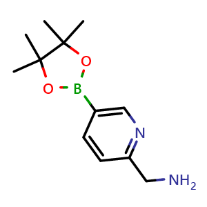 Chemical structure of (5-(4,4,5,5-tetramethyl-1,3,2-dioxaborolan-2-yl)pyridin-2-yl)methanamine , CAS 880495-82-9, AChemBlock Q62362