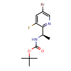 Chemical structure of tert-butyl (R)-(1-(5-bromo-3-fluoropyridin-2-yl)ethyl)carbamate , CAS 858414-25-2, AChemBlock Q62437